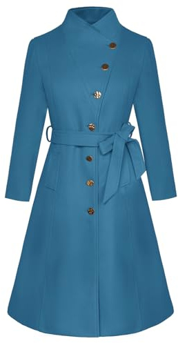 GRACE KARIN Women's Trench coats Midi jackets Coats Single-Breasted Slim Fit trench outwear with Pockets Belted Lake Blue XL