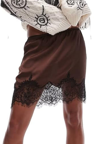 Sottogonna da donna a mezza sottoveste in raso setoso con orlo in pizzo con volant elegante gonna interna sopra il ginocchio, Elegante marrone scuro, S