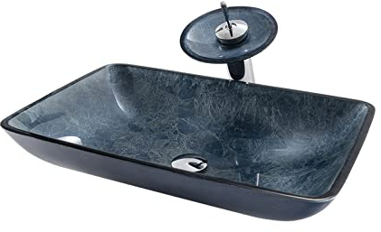 Lavandino da appoggio per Bagno, lavabo da appoggio in Vetro temperato Blu Mare, lavabo da appoggio Rettangolare per Bagno, lavabo Artistico con Rubinetto a Cascata in Ottone, a Scomparsa