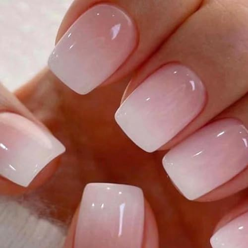 Viugex 24 Pièces Carrés Française Faux Ongles Court, Dégradé Rose Gelée Ongles à Coller, Naturel Brillant Press on Nails, Couverture Complète Acrylique Artificiel Capsules Ongles pour Femmes Filles