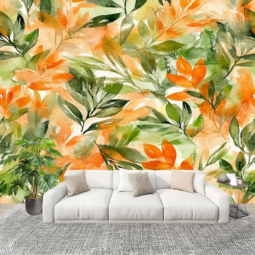 Soggiorno Murale Adesivi da Parete 200x140cm Piante E Fiori Acquerellati Effetto 3D Murales Carta da Parati in Tessuto non Tessuto Colore Arancione Poster Design per Sala Giochi Lounge Pareti