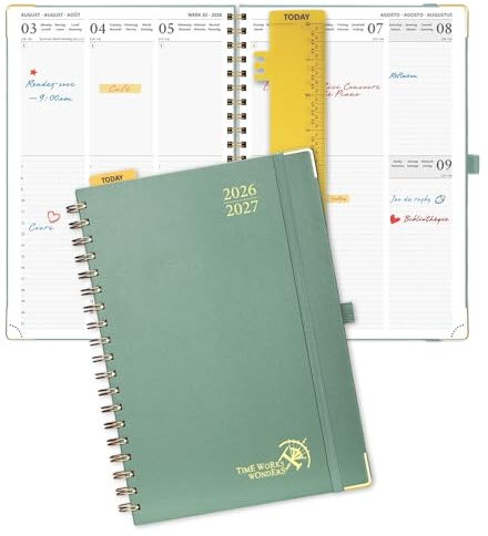 POPRUN Kalender 2026 2027 Spiralbuch mit Hardcover ca.A4(29,7 x 21cm) | 17-Monate-Terminplaner,(Aug,2026-Dez,2027),Wochenplaner 2026 2027,mit Plastiklineal(Mitternachtsgrün)