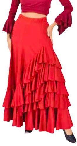 Genérico FLAMENKA ROCIERA Falda Flamenca de Ensayo, 5 Volantes, Poliéster Elástico, Cintura Alta, Negro, Largo hasta Tobillo, Estilo Tradicional, para Baile y Danza Española (FR/ES, Letras, L, Rojo)