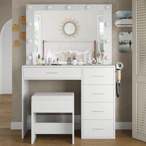 FUSOU 94CM Dressing Table with Mirror & LED Lights, Makeup Vanity with Power Outlet & USB, 3 Lighting Modes, Dressing Table with 5 Drawers & Stool for Bedroom, White