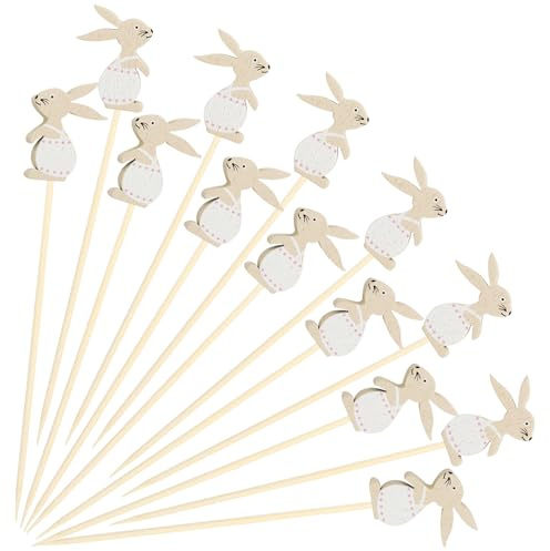 Catelves 100 stycken kanincocktailspett, påskspett, fingermat, cocktailspett, träspett 14 cm, påskcocktailpinnar, hare tandpetare, träcocktaildekoration, fruktspett, festspett, ostspett, för cupcake