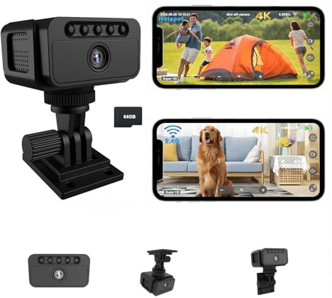 Bextgoo Mini Camera, WiFi/Hotspot/Offline Optionals, 4K Mini No Wifi Security Camera for Home Security, Small Wireless Cameras with Built-in 64GB TF Card, Night Vision, Motion Detection(Dark Black)