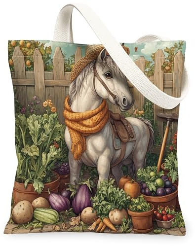 Spring Horse Gardening Canvas Tote Bag for Shopping 13x15, Animal Farmhouse Country Reusable Grocery Print Bag for Women, Planting Beach Aesthetic Painting Gift Decor