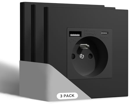 BSEED Prise Murale avec USB et 1 Type C,16A Prises de Courant Alternatif avec Panneau en Plastique,Convient au Smartphone,à la Tablette (1 Prise avec USB et Type C,Noir)-3 Paquests