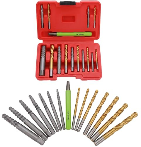 15 Pieces Screw Extractor Set, 37# Cr-Mo & 6542 HSS Steel Cobalt Left-Hand Drill Bit with Center Punch, Easy Out Broken Bolt Remover Reverse for Broken Studs, Stripped, Seized Fasteners, Water Pipes