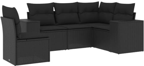 Qnhdfrt 5-TLG. Garten-Sofagarnitur aus Poly Rattan, Modulares Lounge-Set für Terrasse und Garten, 5-teilige Sitzgruppe mit Stauraum und Sitzkissen, Schwarz, Robuste Gartenmöbel
