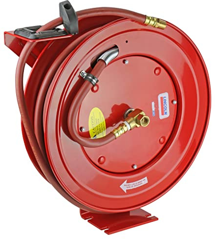Lincoln 83754 Value Series Air/Water Retractable Hose Reel with 50' x 3/8 Rubber Air Hose, 1/2 NPT, 300 PSI, Slotted Mounting Base, 5-Position Adjustable Outlet Arm, All-steel Construction, Red