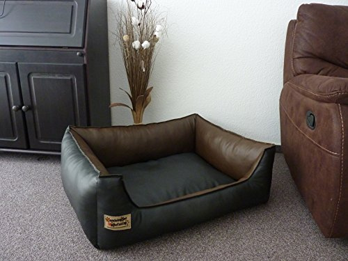 Hundebettenmanufaktur Hundebett Hundesofa Schlafplatz Kunstleder Similpelle Farbe und Größe wählbar von XS bis XXL (110 cm X 85 cm, schwarz braun)