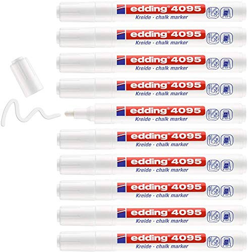 Edding 4095-49 - Caja con 10 Marcadores de Tiza Líquida para Pizarras y Vidrio - Punta Redonda 2-3 mm - Blanco