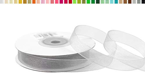 Organzaband 12mm x 25m Rolle - FARBAUSWAHL in 3/6/12/25/38mm - transparent, farbecht & waschbar - Schleifenband für Hochzeit - Geschenkband zum Verpacken Dekorieren Basteln - Silber Grau 012H