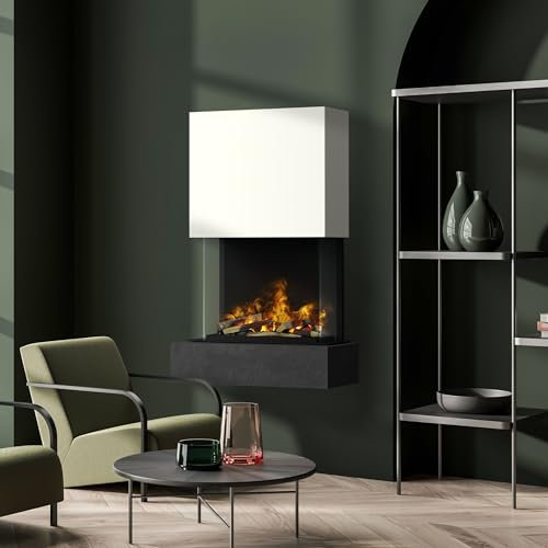 muenkel design Como - Opti-Myst Elektro-Kamin Kaminofen Wandkamin - mit Heizung - Naturstein Nero Schiefer Schwarz - Rauchfang Weiß