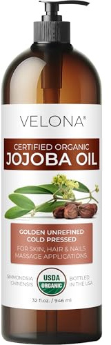 velona Jojoba Oil USDA Certified Organic - 32 fl oz (With Pump) | 100% Pure and Natural | Golden, Unrefined, Cold Pressed, Hexane Free | Moisturizing Face, Hair, Body, Skin Care