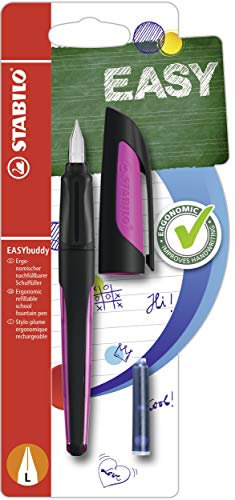 STABILO - Schulfüller mit Linkshänder-Feder L - EASYbuddy in schwarz/magenta - blau (löschbar) - inkl. Patrone
