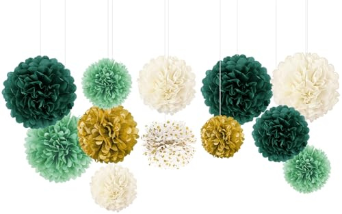 NICROLANDEE Seidenpapier Pompons für Hochzeitsparty-Dekorationen, neutrale Babypartys, Vintage-Partys, Geburtstage, Brautpartys, rustikale Hochzeitsdekorationen, Gartenparty Deko Grün, 12 Stück