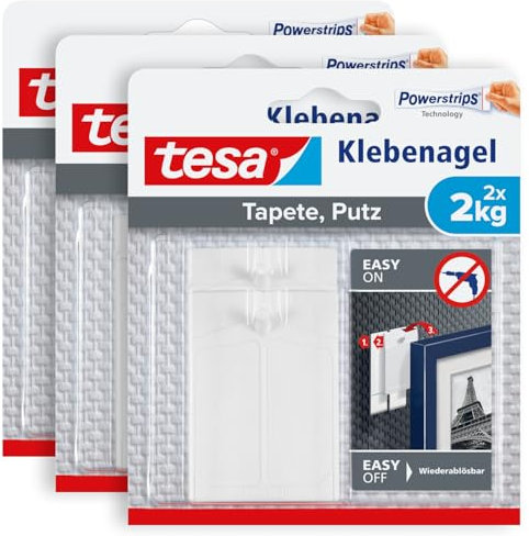 tesa 77776-00500-00 - Carta da parati e intonaco, 3 pezzi, superficie auto-sensibile, senza residui, portata fino a 2 kg per 3 x 2 chiodi adesivi, colore: bianco, 6 x 2,0 kg