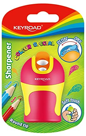 Keyroad Ergonomisk dubbelpennvässare mjuk touch/1 st./plast/blad av stål/blyertspennor och färgpennor/blister – blandade färger/för dagis förskola och skola, KR971524