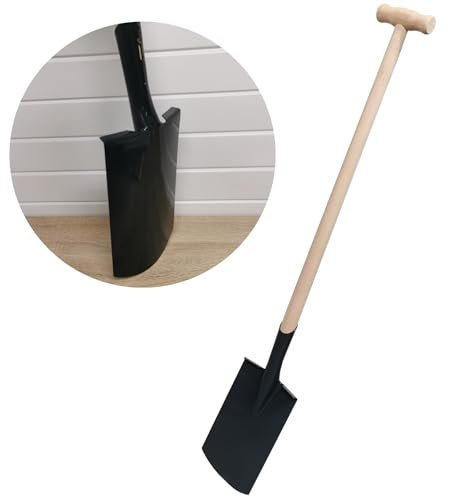 Land-Haus-Shop Gärtnerspaten Bauspaten Stahl schwarz mit Trittkante Esche Holzstiel und T-Griff Garten Grabe Spaten Metall Holz Stiel Feldspaten 115 cm