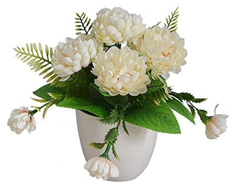 FGYZYP Künstliche Chrysantheme Bonsai Topfpflanze, künstliche Hortensie kleine Topflandschaft, Blumenarrangement Ornament mit Kunststoffvase für Zuhause, Schreibtisch, Hochzeit, Zuhause, Büro,