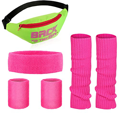 SATINIOR Vestito da allenamento da donna anni '80 con fascia scalda gambe e polsini, set anni '80, accessori per yoga e corsa, rosso rosa, verde fluorescente, taglia unica