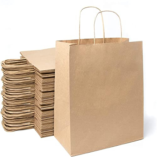 Lot de 100 Sacs Cabas Marrons en Papier Kraft avec Poignées -26 x 14 x 32 cm Sac de Courses/Emballage Cadeau pour Anniversaire, Noël, Mariage