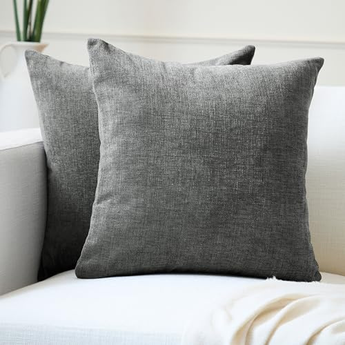 Encasa XO Chenille Kissenbezüge Set von 2 | Grau - (24x24) (60x60 cm) | Dekorative Akzent Quadratische Wurfkissenbezüge Für Couch, Heimdekoration, Sofa