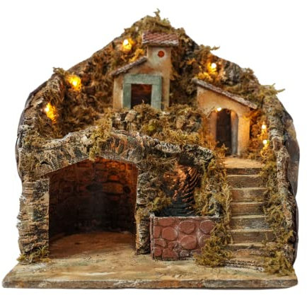 Mondo in Casa Presepe Completo Illuminato Natalizio con capanna e Grotta per statuine Artigianali, con Cascata Completa di motorino.