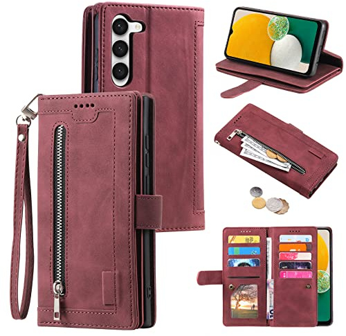 EYZUTAK Handyhülle für Samsung Galaxy S23,Flip Case Lederhülle Reißverschluss Magnetverschluss Brieftasche mit 9 Kartenfächern Standfuntion Retro Matt Ledertasche-Tiefrot
