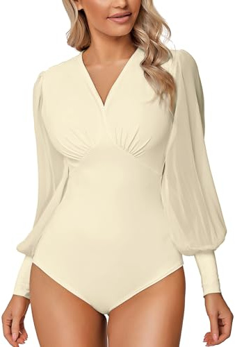 Litherday Dam Bodysuit Elegant Dam Bodysuit Långärmad Puff Bodysuit Kvinnor Sexig Stretch Slim Bodysuit V-hals och stängning Party Dans S-XXL, Fiske, L