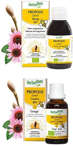 HERBALGEM - Propolis Junior Gouttes Bio 15 ml + Sirop Propolis Junior Bio 150 ml - Voies Respiratoires - Défenses Naturelles - Dès les Premiers Signes du Refroidissement - À Partir De 3 Ans