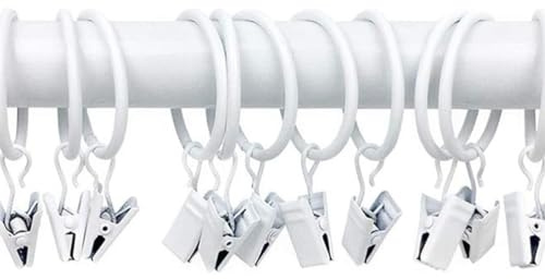 White Curtain Rings with Clips 28mm Strong Metal Curtain Hanging Rings Curtain Pole Rings & Clips for Curtains and Rods Pack of 10.