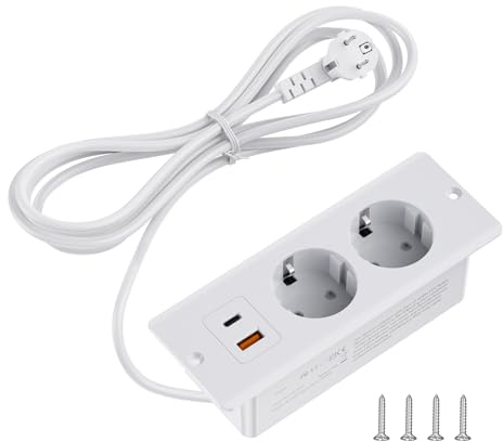 Bordsuttag 3680 W, infällbart med 2 m kabel, 2 fack grenuttag med USB, inbyggt uttag, flera för kök, bordsskiva, kontor, skrivbord, vit