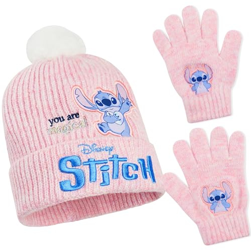 Disney Stitch Set d'Accessoires d'hiver pour Fille, 2 Pièces Gant Hiver Enfant et Bonnet Pompon Enfant Ado - Idée Cadeau Enfant (Rose Stitch, 6-14 Ans)