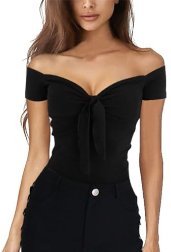 EMOTTOS Y2K Crop Top Femmes, Top Épaule Courte Col en V Manches Courtes Tshirt Tee Shirt Femmes Cropped Tops Basic Tee Printemps Été Automne, Noir L