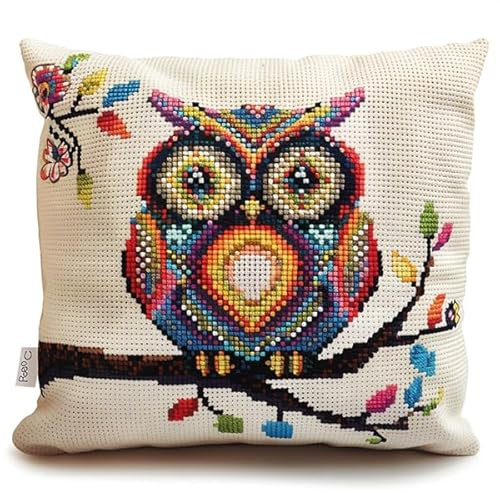 kitphoenix Kreuzstichkissen,Baumwolle,Stickset Anfänger Eule DIY Bastelset Vorgezeichnet Erwachsene zum Sticken mit Stickvorlage & Sticknadel und Stickgarn 40x40cm