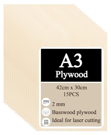 FWEEK 15 fogli di compensato A3, 2 mm, 420 x 300 mm, A3, pannelli in legno di tiglio, per lavori fai da te, lavorazione laser, modellismo, pittura