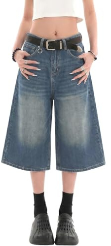 Lafaguw Jean Court pour Femme et Homme - Taille Haute - Jambe Large - Baggy Jorts Y2K - Décontracté - Pantalon Capris en Denim - Vêtements d'été Grunge., Bleu 1, X-Large Court