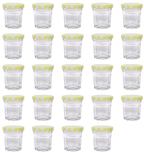 Argon Tableware Glass Jam Jars with Airtight Yellow Gingham Lids - 30ml - Pack of 24 - Empty Screw Top Kitchen Storage Jar for Food, Honey, Spice, Pickling, Preserving, Candle Making