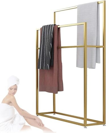 Handtuchhalter Freistehend Metall, Handtuchständer Bad Hoch Gold Handtuchhalter Stehend mit 2 stangen, Handtuchleiter für Badetücher, Kleidung, Decken (Gold, 65×20×110cm)