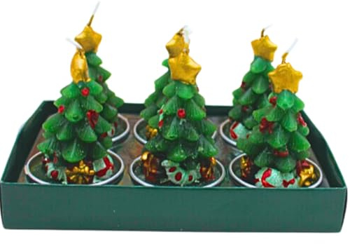 Dekohelden24 6er Set Teelicht Tannenbaum - Tannenbaumkerze mit Paketen und goldenen Stern als Spitze in grün, Lieferumfang 6 Figurenkerzen, Maße je Teelicht L/B/H: 4 x 4 x 6 cm.