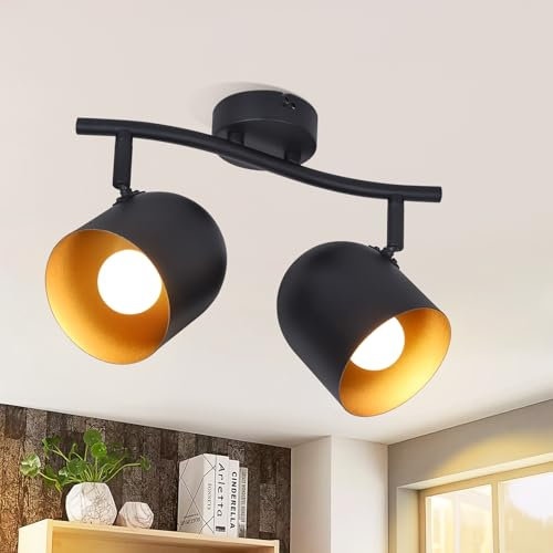Kowanie Deckenstrahler 2 Flammig Vintage: Deckenleuchte E14 Industrial Spots Deckenlampe Küche in Schwarz Gold Strahler Deckenspots Flur schwenkbar 350°Wandstrahler für Eingang - Ohne Leuchtmittel