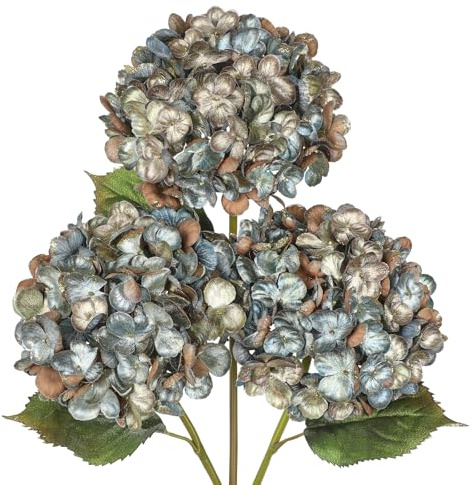 23 Artificial Hydrangea Flowers Stems with 15cm Large Flower Heads 3Pcs Glitter Christmas Flower Arrangement for Christmas Decorations Wedding Centrepieces Holiday Party Home Office, Blue Gold