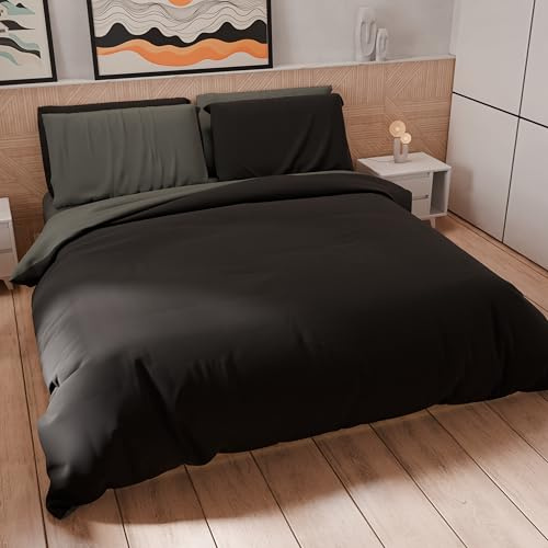 PETTI Artigiani Italiani - Set Housse de Couette 160x200 cm (1 Taie d'oreiller 50x80 cm Incluse), Parure de Lit Microfibre 1 Personne Douce Gris Foncé Noir