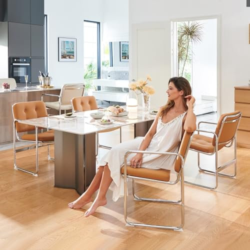 COLAMY Modernes Essstuhl-Set 4er, Knopfgepolsterter PU-Leder-Esszimmerstuhl mit Metallbeinen für Zuhause/Wohnzimmer/Büro/Esszimmer, Braun