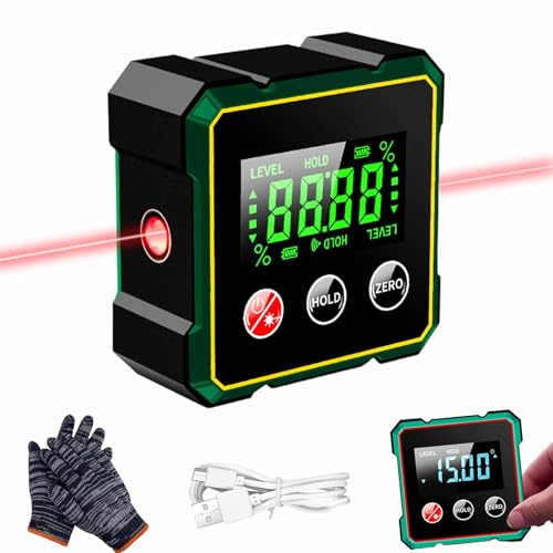 Cercatore angolare digitale magnetico con laser elettronico, livella digitale con ricarica USB, cercaangolo digitale con laser, livella per lavorazione del legno da 2,44x2,36x1,3 pollici per (Black)
