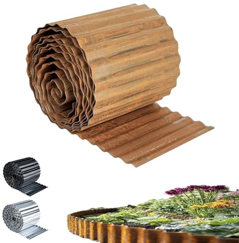 Corten Lawn Edging Border Corrugated Roll, Pre-Rusted Galvanised Steel Garden Border Edging, Easy to install Flexible Grass Landscaping Pathway Edge,16cm (6 inch) High 5 Metre (17 ft) Long