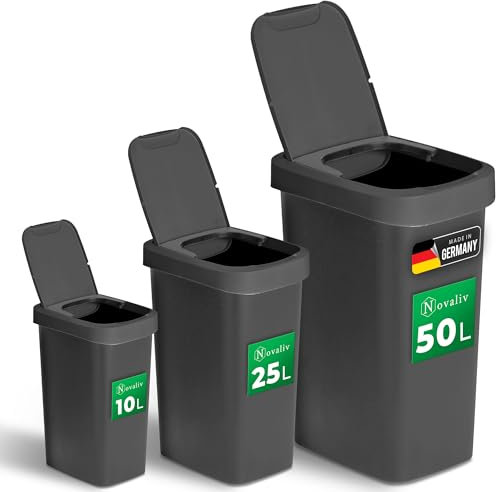 Novaliv Mülleimer-Set 10L + 25L + 50L, Abfalleimer mit 2in1 Deckel, Klappdeckel & Schwingdeckel, Anti-Geruch Mülleimer für Küche Haushalt Büro, Müll Eimer Abfall Kunststoff Abfallbehälter